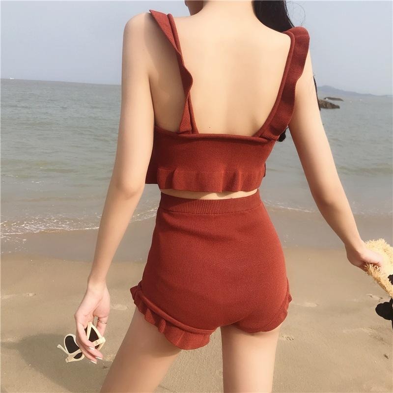 【D.studio】韓版高腰顯瘦花邊兩件式泳裝 帶胸墊 連身裙 吊帶裙 吊帶褲 女裝【S133】-細節圖9