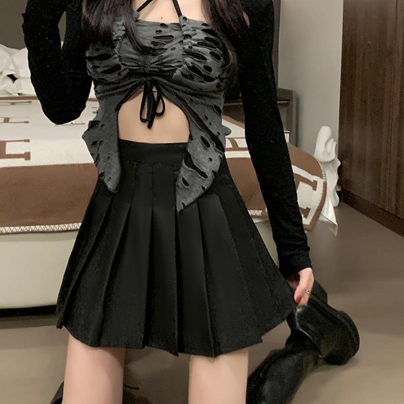 【D.studio】韓版高腰顯瘦百褶裙 裙子 褲裙 長裙 女裝【P55】-細節圖4