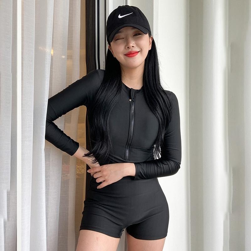 【D.studio】韓版彈性緊身顯瘦長袖連身泳衣 帶胸墊 女裝【S133】-細節圖5