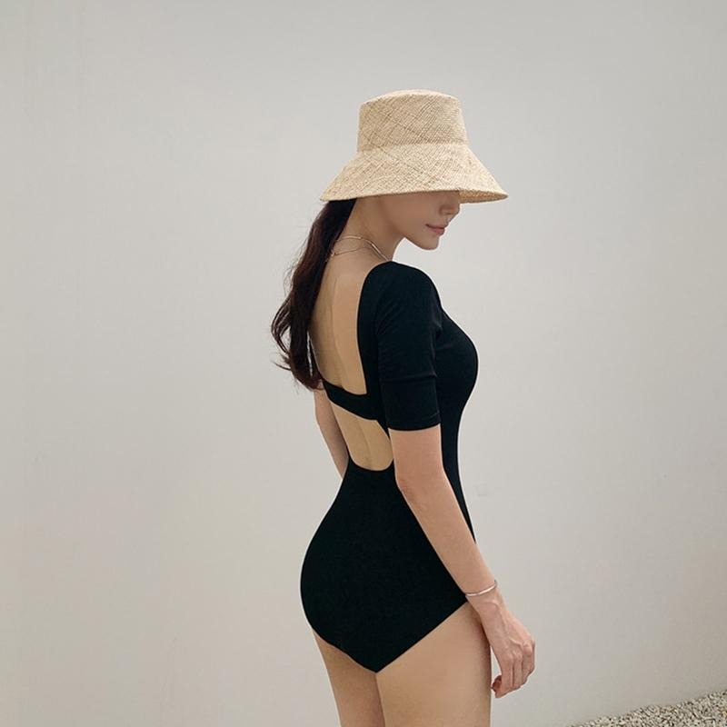 【D.studio】韓版方領顯瘦露背連身泳衣 帶胸墊 女裝【S133】-細節圖7