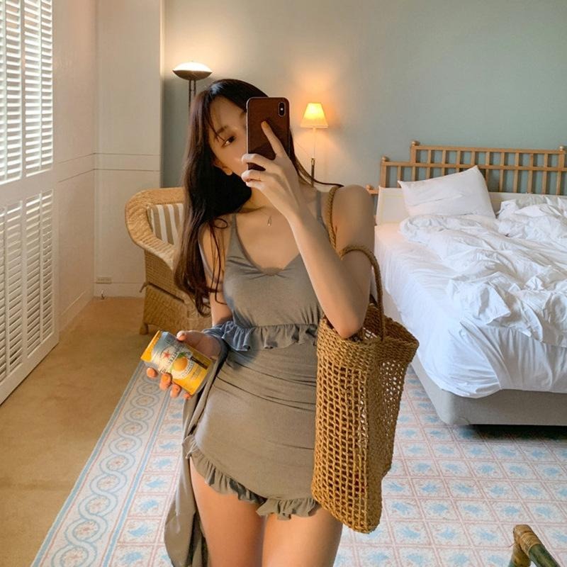 【D.studio】韓版連身吊帶顯瘦花邊泳衣 帶胸墊 女裝【S133】-細節圖7