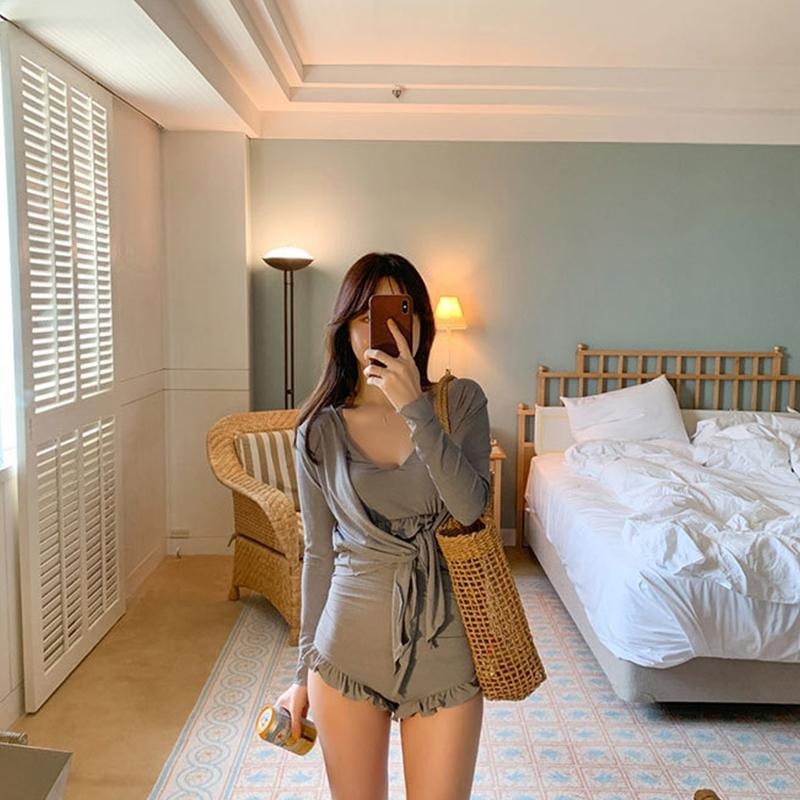 【D.studio】韓版連身吊帶顯瘦花邊泳衣 帶胸墊 女裝【S133】-細節圖9