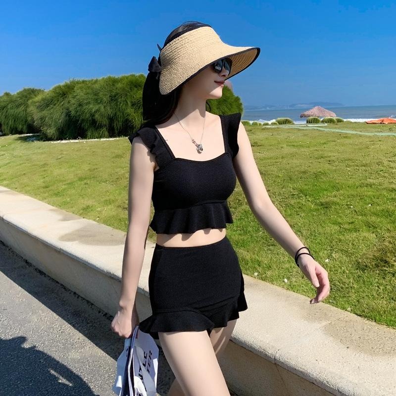 【D.studio】韓版方領保守顯瘦兩件式泳衣 帶胸墊 連身裙 吊帶裙 吊帶褲 女裝【S133】-細節圖9