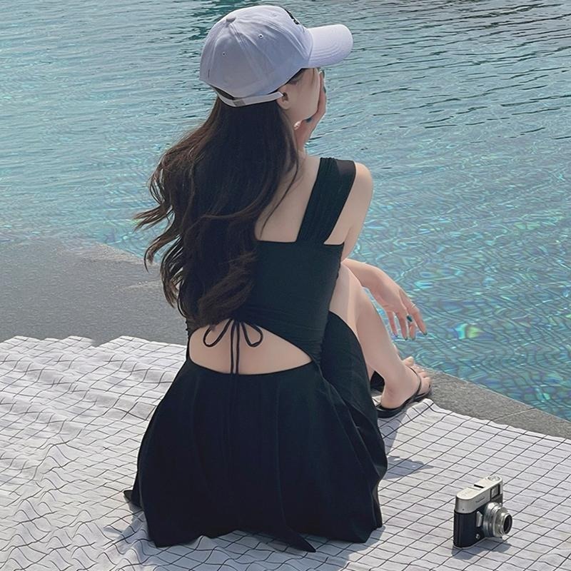 【D.studio】韓版顯瘦V領露背百褶裙連身泳衣 帶胸墊 優雅泳裝 女生泳衣【S133】-細節圖7