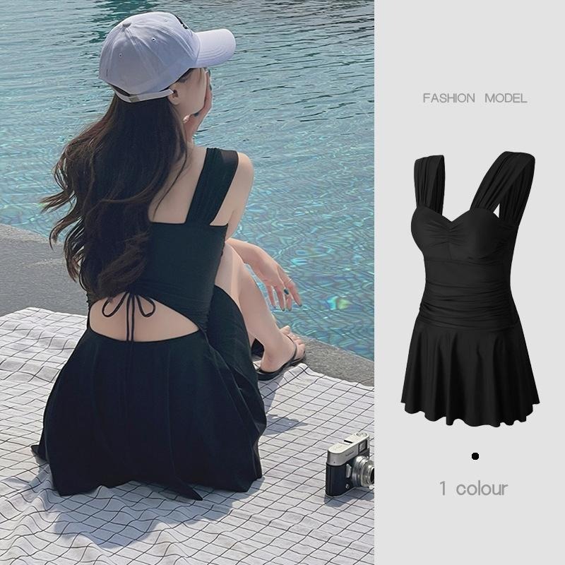 【D.studio】韓版顯瘦V領露背百褶裙連身泳衣 帶胸墊 優雅泳裝 女生泳衣【S133】-細節圖9