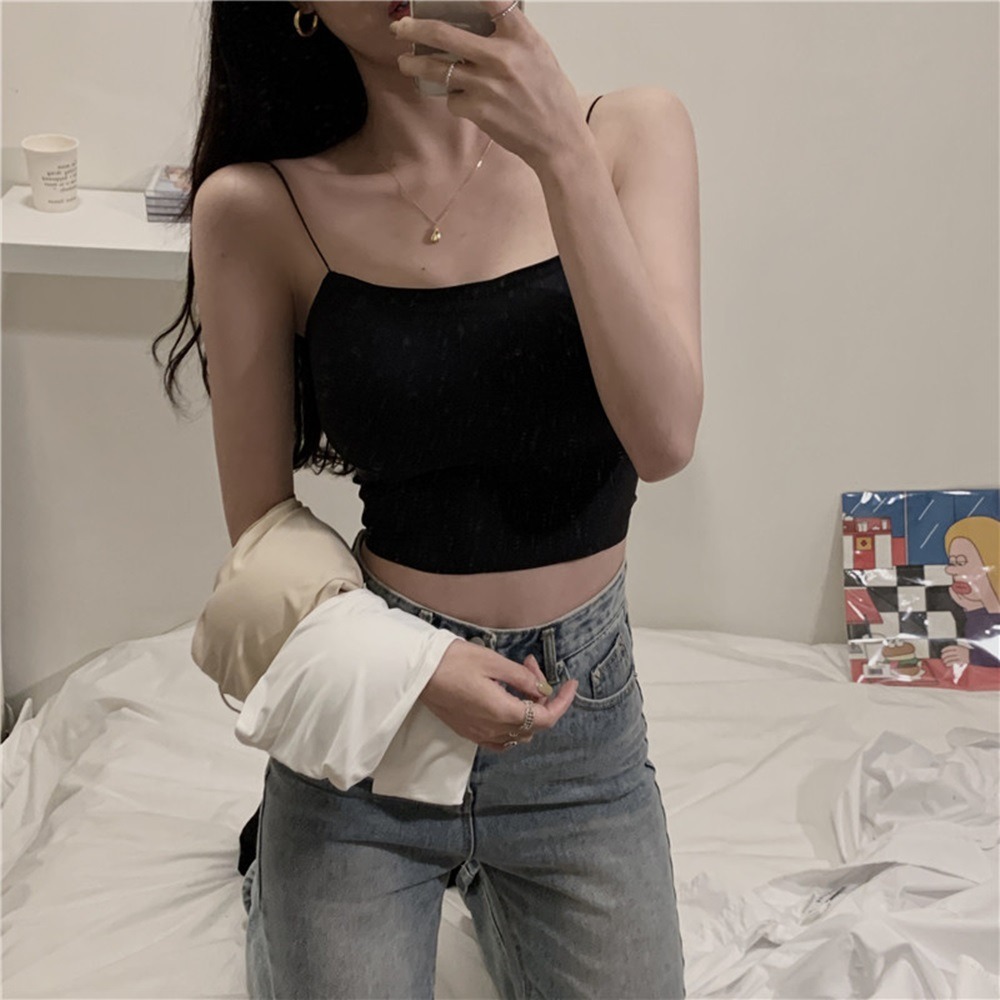 【D.studio】韓版細肩帶短版背心 帶胸墊免穿內衣 上衣 小可愛 女裝 背心女 衣服 短版上衣【V117】-細節圖3