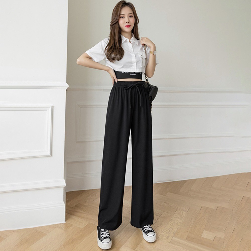 【D.studio】韓版冰絲休閒高腰直筒寬褲 褲子 長褲 休閒褲 女裝 高腰褲 拖地褲 直筒褲 黑褲【P180】-細節圖2