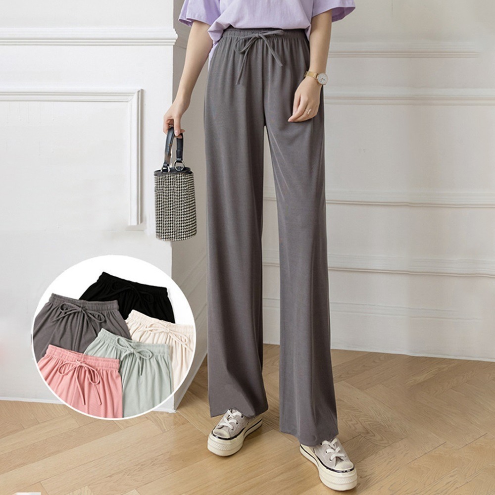 【D.studio】韓版冰絲休閒高腰直筒寬褲 褲子 長褲 休閒褲 女裝 高腰褲 拖地褲 直筒褲 黑褲【P180】-細節圖3