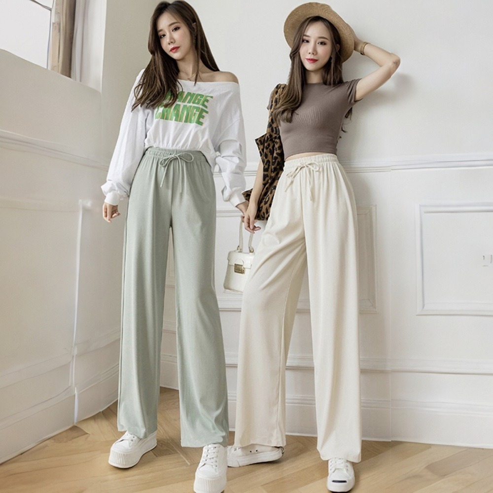 【D.studio】韓版冰絲休閒高腰直筒寬褲 褲子 長褲 休閒褲 女裝 高腰褲 拖地褲 直筒褲 黑褲【P180】-細節圖4