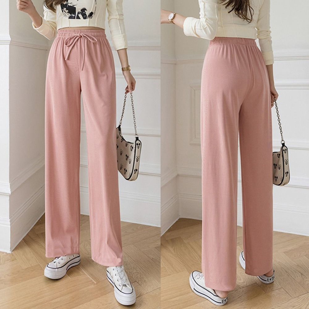 【D.studio】韓版冰絲休閒高腰直筒寬褲 褲子 長褲 休閒褲 女裝 高腰褲 拖地褲 直筒褲 黑褲【P180】-細節圖5