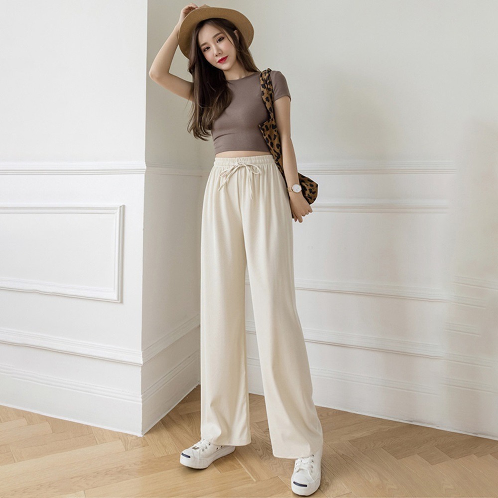 【D.studio】韓版冰絲休閒高腰直筒寬褲 褲子 長褲 休閒褲 女裝 高腰褲 拖地褲 直筒褲 黑褲【P180】-細節圖6