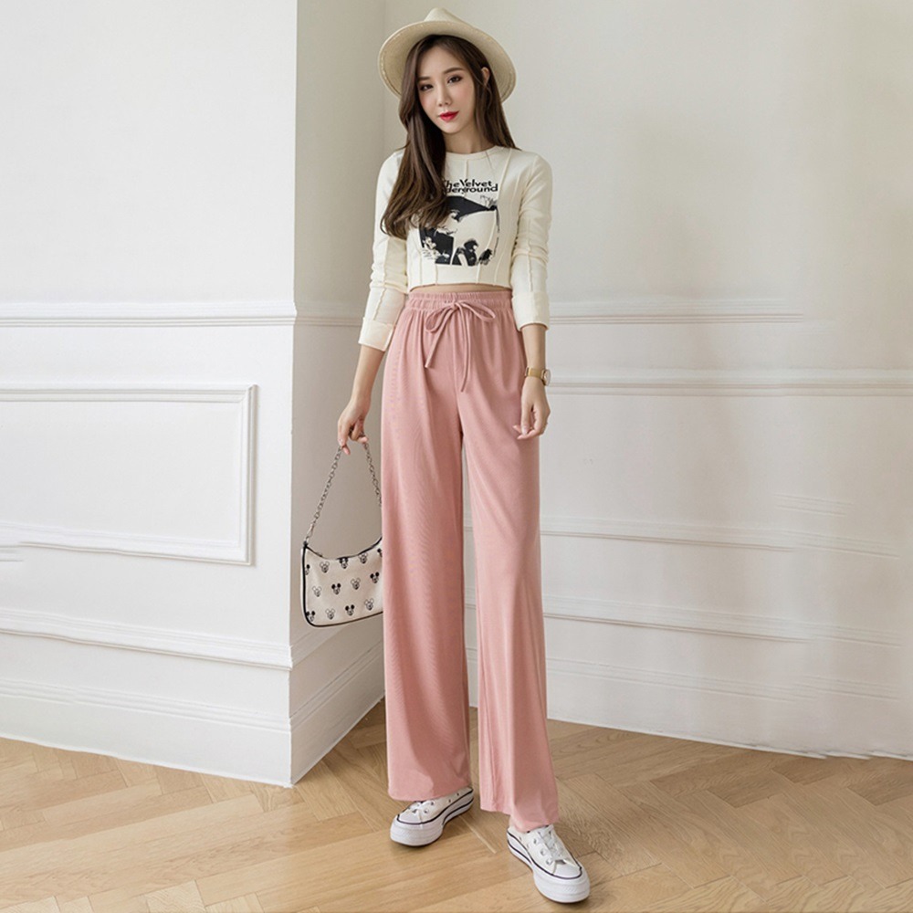 【D.studio】韓版冰絲休閒高腰直筒寬褲 褲子 長褲 休閒褲 女裝 高腰褲 拖地褲 直筒褲 黑褲【P180】-細節圖7