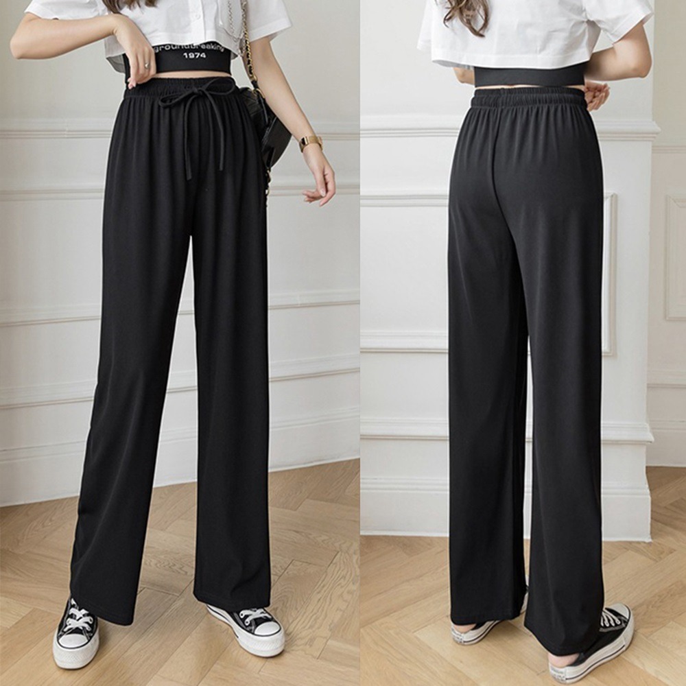 【D.studio】韓版冰絲休閒高腰直筒寬褲 褲子 長褲 休閒褲 女裝 高腰褲 拖地褲 直筒褲 黑褲【P180】-細節圖9