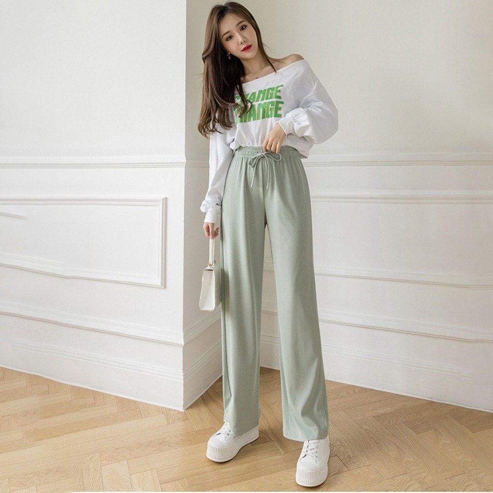 【D.studio】韓版冰絲休閒高腰直筒寬褲 褲子 長褲 休閒褲 女裝 高腰褲 拖地褲 直筒褲 黑褲【P180】-細節圖10