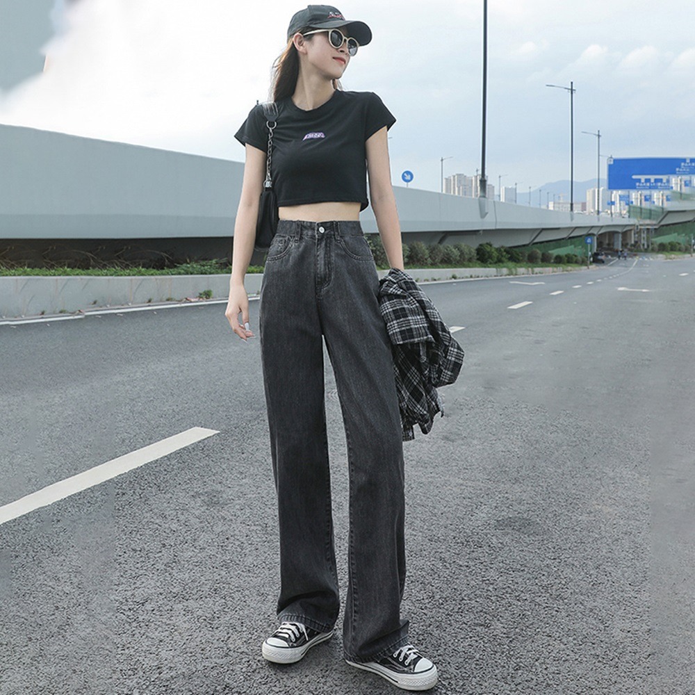 【D.studio】韓版高直筒寬鬆垂感拖地牛仔褲 寬褲長褲 休閒褲 女裝 高腰褲 牛仔 拖地褲 直筒褲 黑褲【P97】-細節圖5