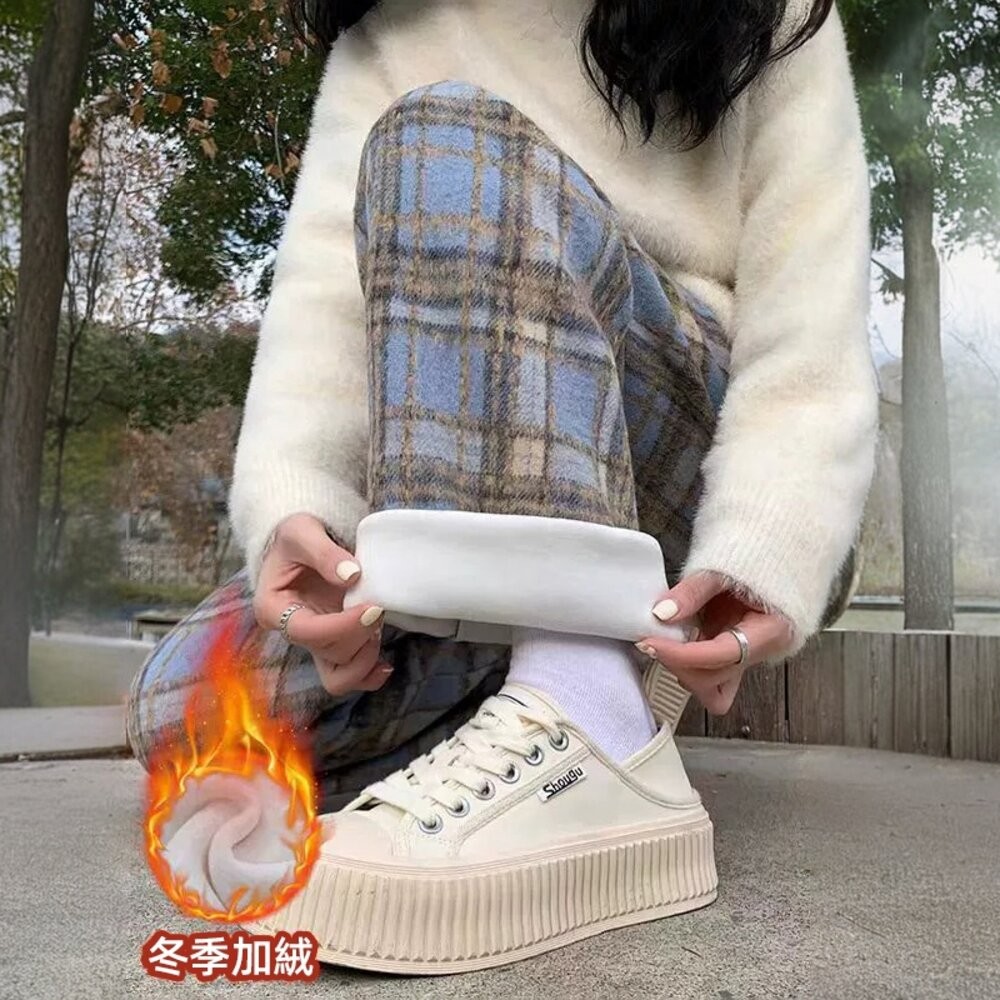 【台灣發貨】韓版加厚加絨復古高腰垂感格紋寬褲 寬褲 褲子 女裝【P418】-細節圖2