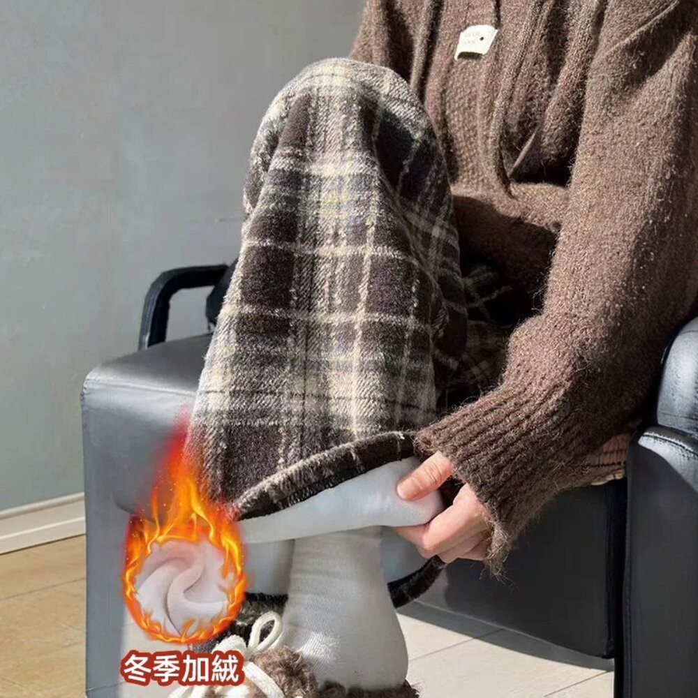 【台灣發貨】韓版加厚加絨復古高腰垂感格紋寬褲 寬褲 褲子 女裝【P418】-細節圖3