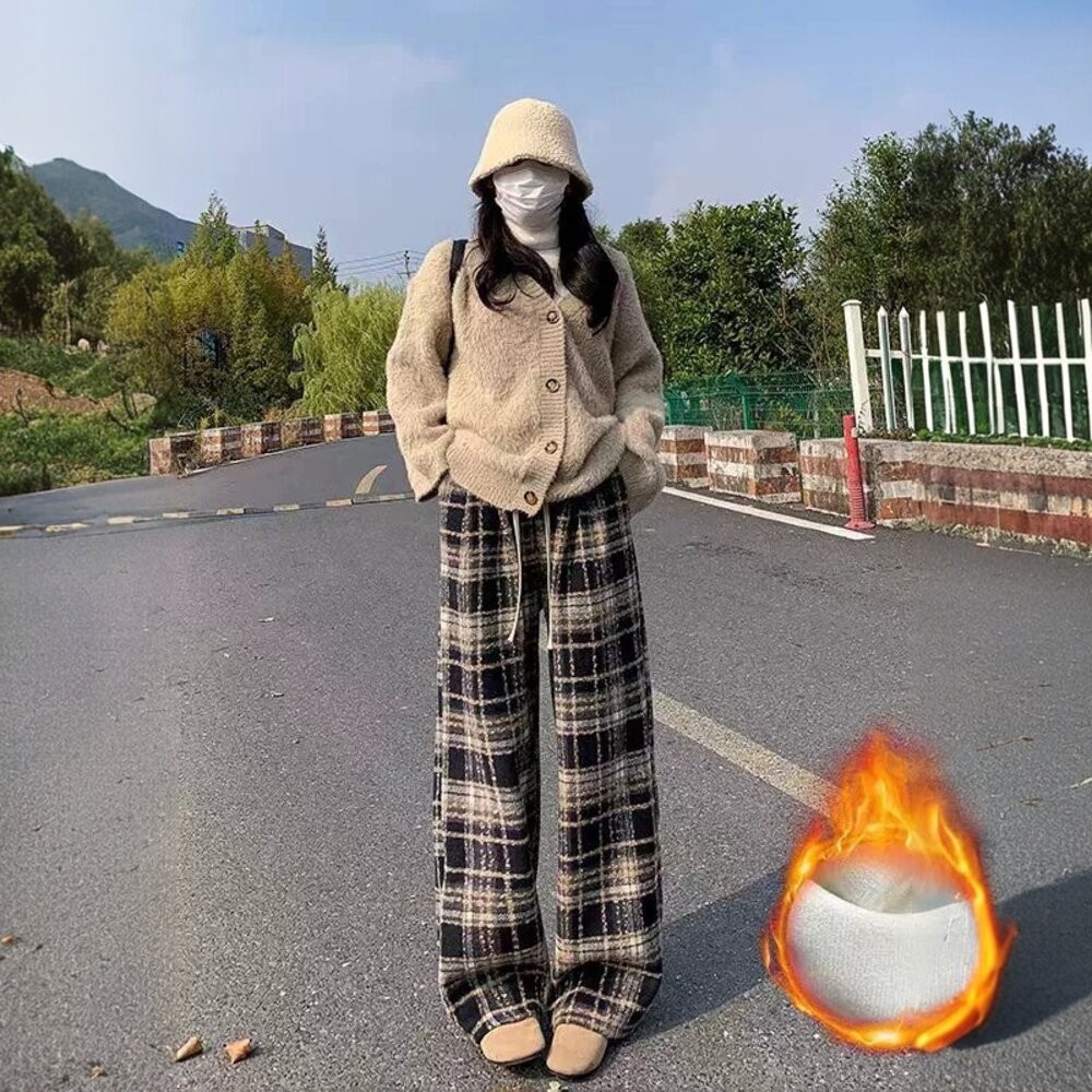 【台灣發貨】韓版加厚加絨復古高腰垂感格紋寬褲 寬褲 褲子 女裝【P418】-細節圖4