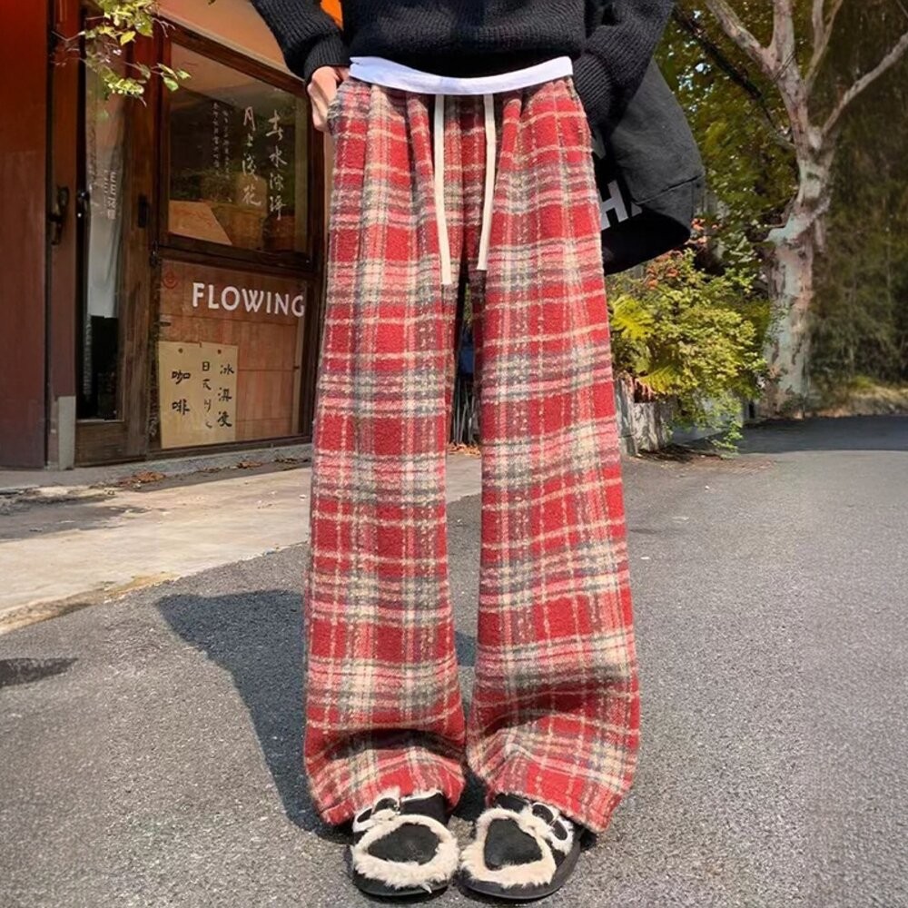 【台灣發貨】韓版加厚加絨復古高腰垂感格紋寬褲 寬褲 褲子 女裝【P418】-細節圖5