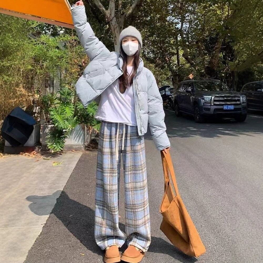 【台灣發貨】韓版加厚加絨復古高腰垂感格紋寬褲 寬褲 褲子 女裝【P418】-細節圖7