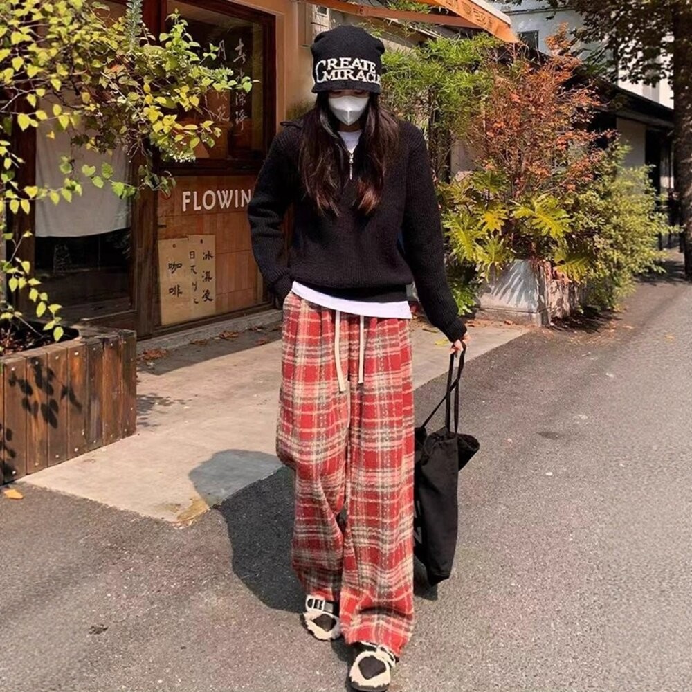 【台灣發貨】韓版加厚加絨復古高腰垂感格紋寬褲 寬褲 褲子 女裝【P418】-細節圖8