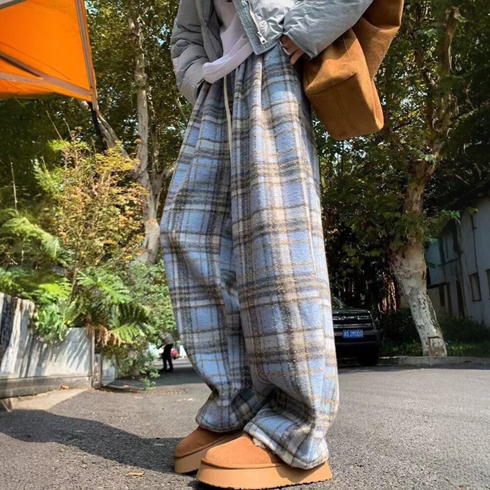 【台灣發貨】韓版加厚加絨復古高腰垂感格紋寬褲 寬褲 褲子 女裝【P418】-細節圖9