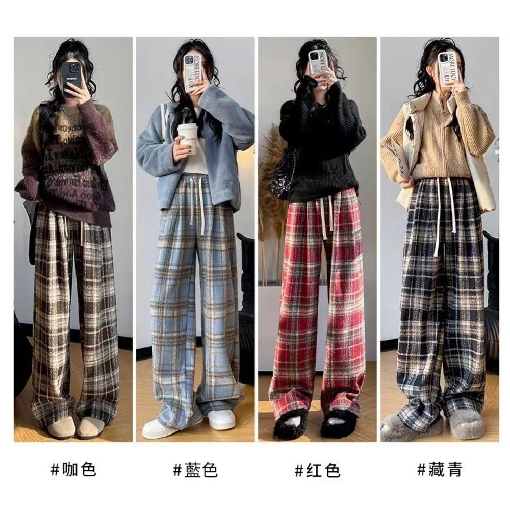 【台灣發貨】韓版加厚加絨保暖寬鬆復古格子寬褲 寬褲 褲子 女裝【P418】-細節圖2