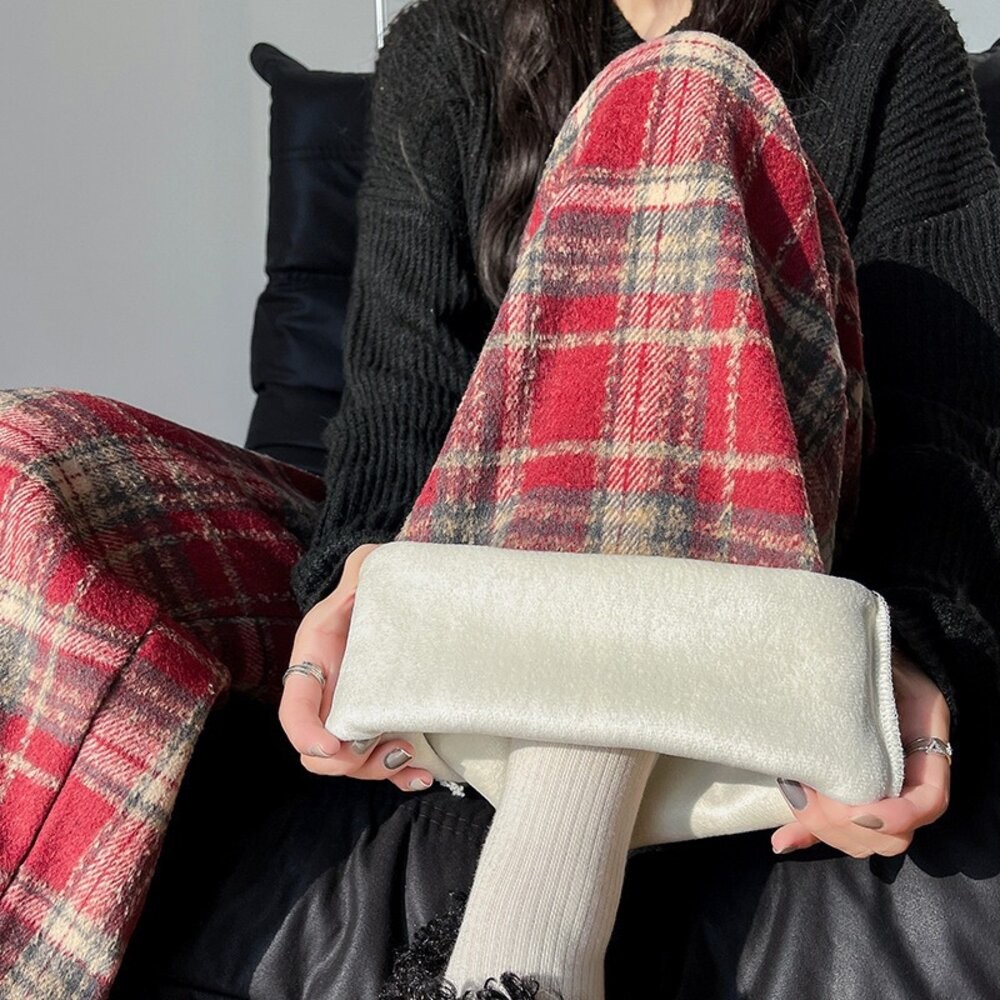 【台灣發貨】韓版加厚加絨保暖寬鬆復古格子寬褲 寬褲 褲子 女裝【P418】-細節圖4