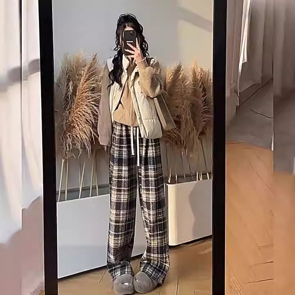 【台灣發貨】韓版加厚加絨保暖寬鬆復古格子寬褲 寬褲 褲子 女裝【P418】-細節圖7
