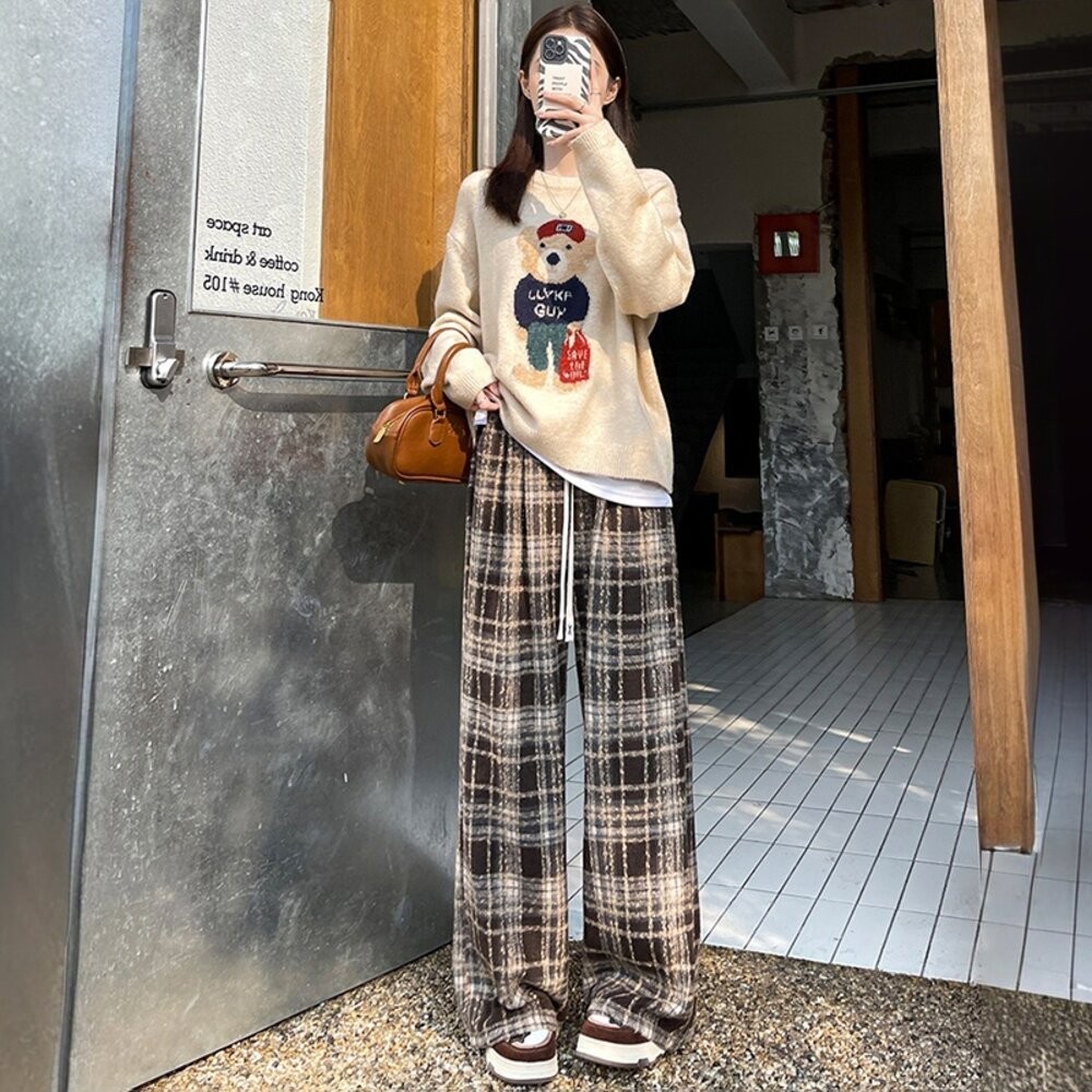 【台灣發貨】韓版加絨加厚高腰垂感直筒格紋寬褲 寬褲 褲子 女裝【P418】-細節圖3