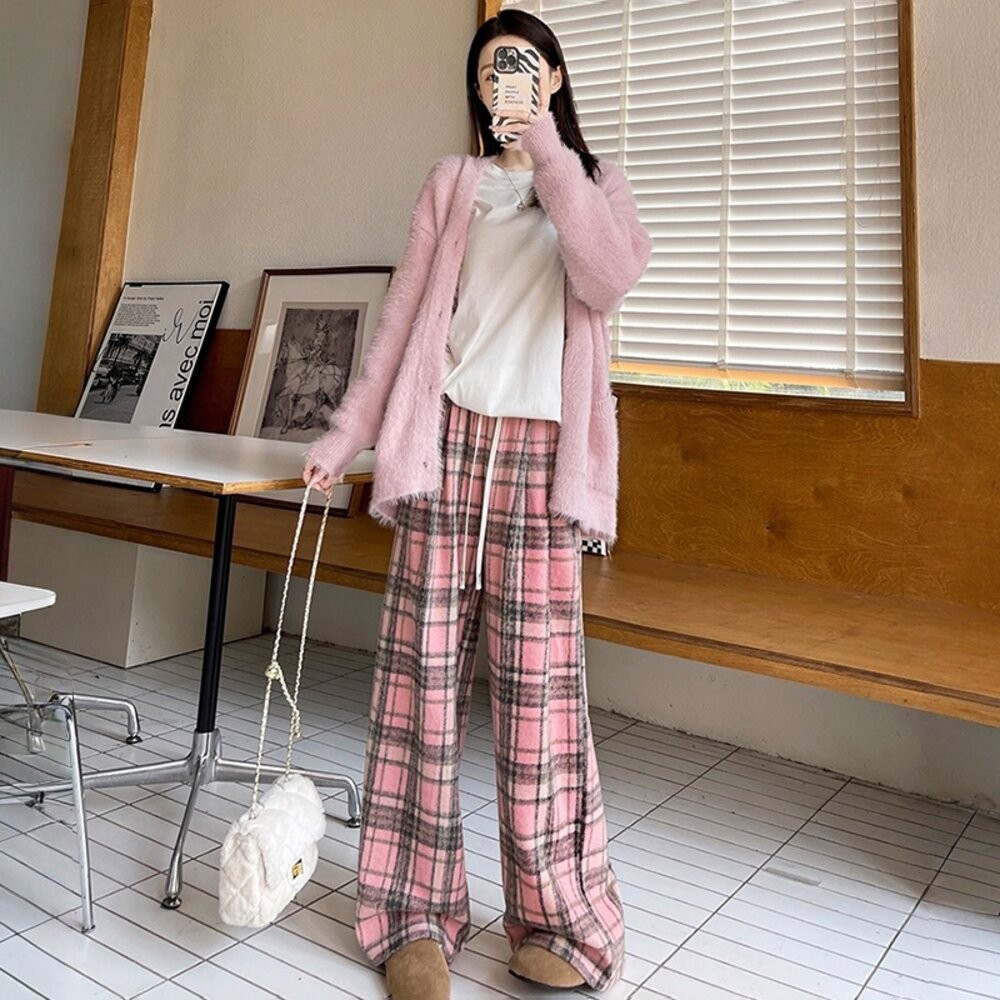 【台灣發貨】韓版加絨加厚高腰垂感直筒格紋寬褲 寬褲 褲子 女裝【P418】-細節圖4