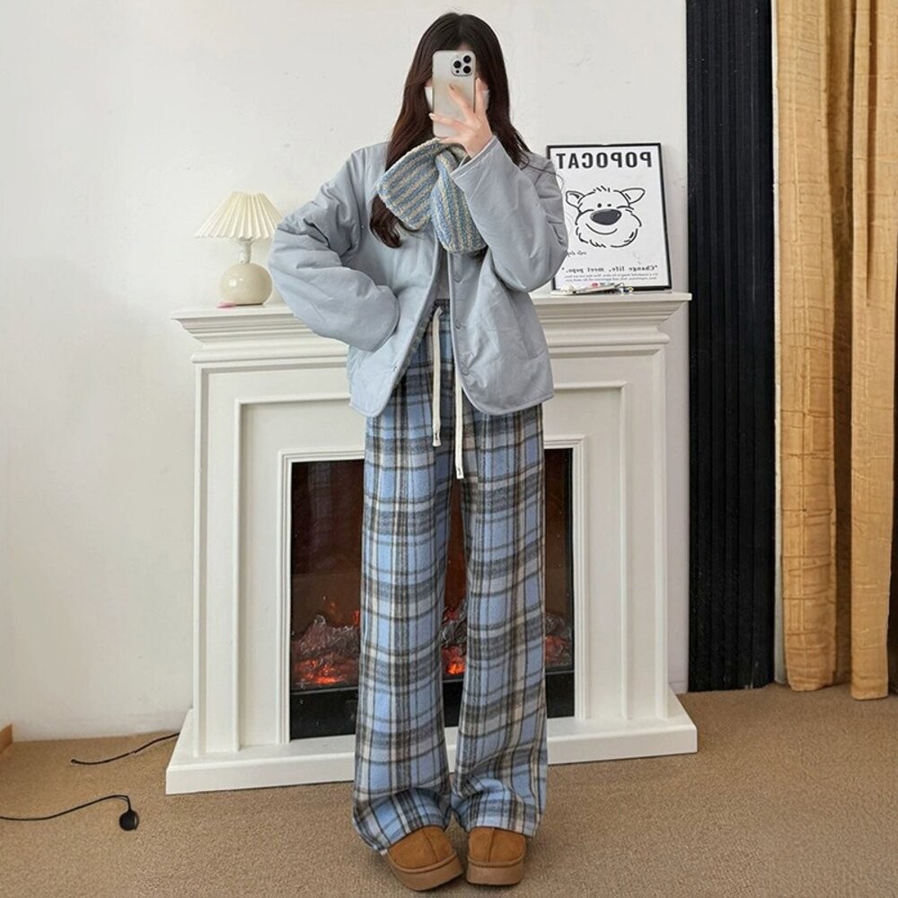 【台灣發貨】韓版加絨加厚高腰垂感直筒格紋寬褲 寬褲 褲子 女裝【P418】-細節圖5