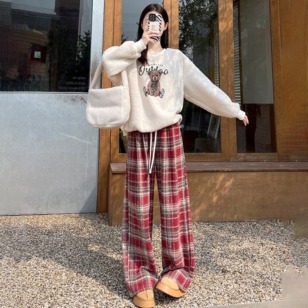 【台灣發貨】韓版加絨加厚高腰垂感直筒格紋寬褲 寬褲 褲子 女裝【P418】-細節圖6