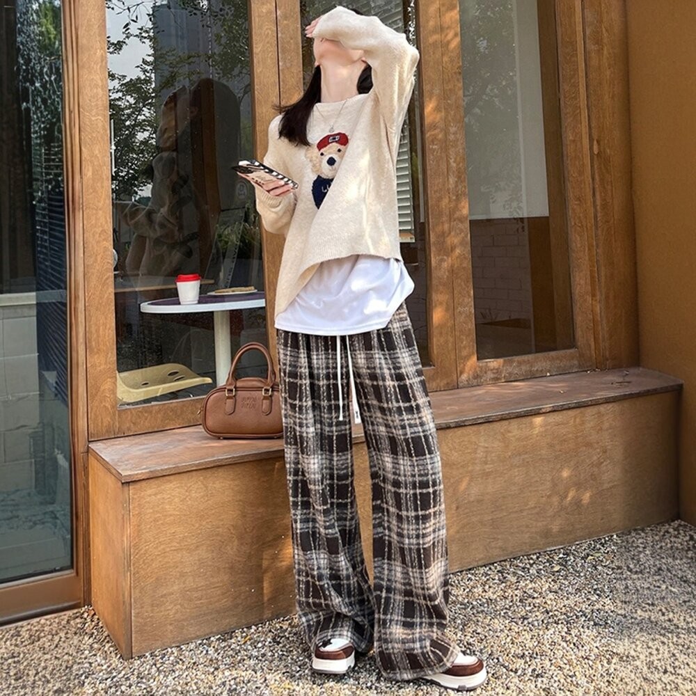 【台灣發貨】韓版加絨加厚高腰垂感直筒格紋寬褲 寬褲 褲子 女裝【P418】-細節圖8