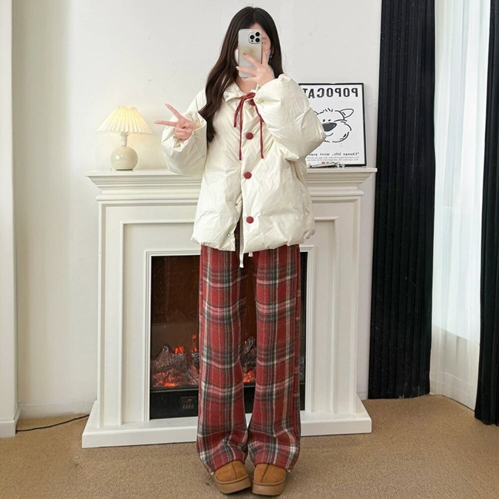 【台灣發貨】韓版加絨加厚高腰垂感直筒格紋寬褲 寬褲 褲子 女裝【P418】-細節圖9