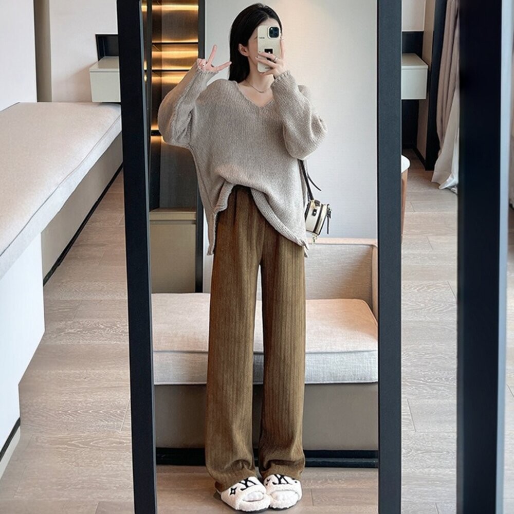 【台灣發貨】韓版加絨加厚麥穗保暖寬褲 寬褲 褲子 女裝【P417】-細節圖2