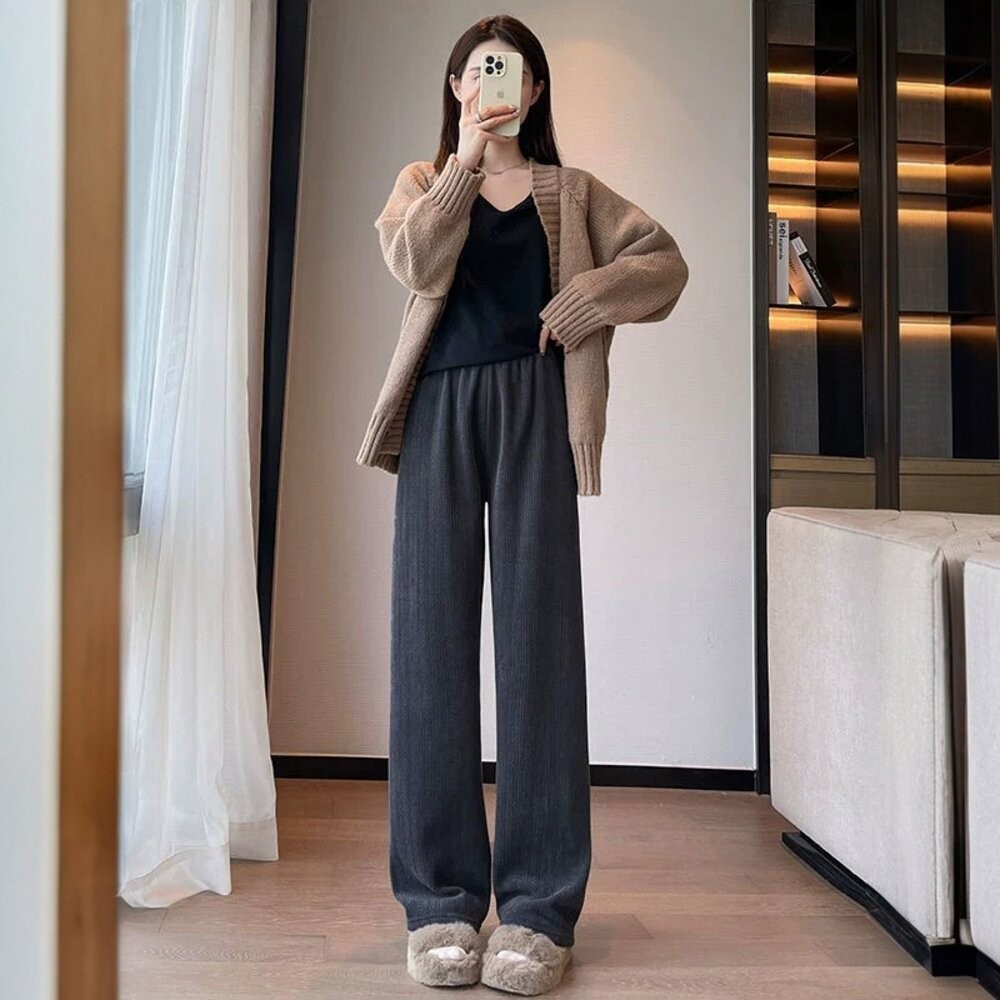 【台灣發貨】韓版加絨加厚麥穗保暖寬褲 寬褲 褲子 女裝【P417】-細節圖3