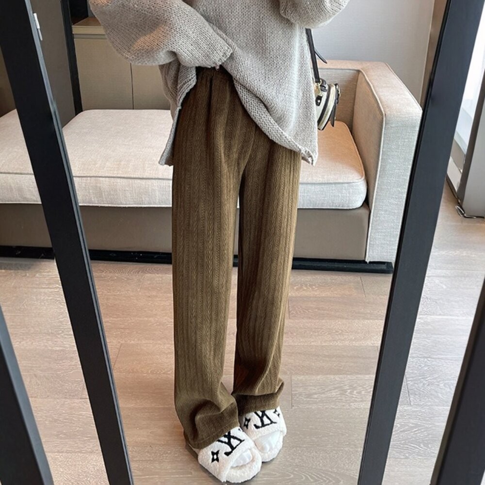 【台灣發貨】韓版加絨加厚麥穗保暖寬褲 寬褲 褲子 女裝【P417】-細節圖4