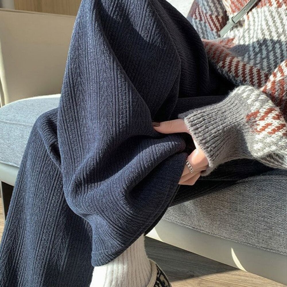 【台灣發貨】韓版加絨加厚麥穗保暖寬褲 寬褲 褲子 女裝【P417】-細節圖6