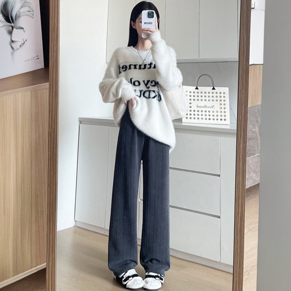 【台灣發貨】韓版加絨加厚麥穗保暖寬褲 寬褲 褲子 女裝【P417】-細節圖8