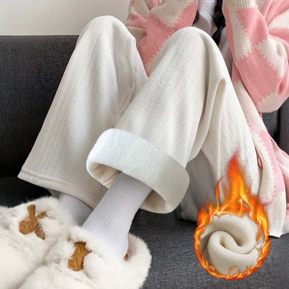 【台灣發貨】韓版加絨加厚麥穗保暖寬褲 寬褲 褲子 女裝【P417】-細節圖9