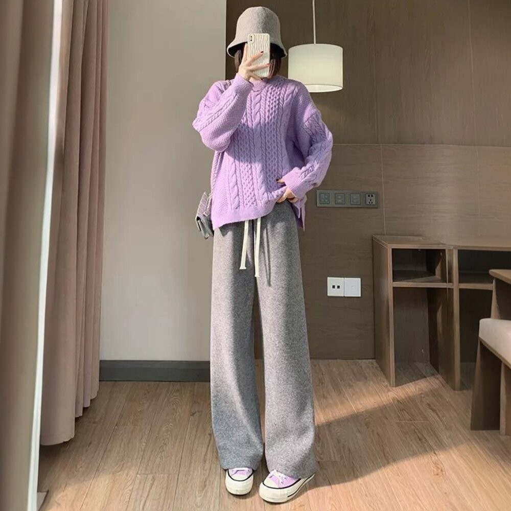 【台灣發貨】韓版加絨加厚高腰垂感糯米褲 寬褲 褲子 女裝【P315】-細節圖3