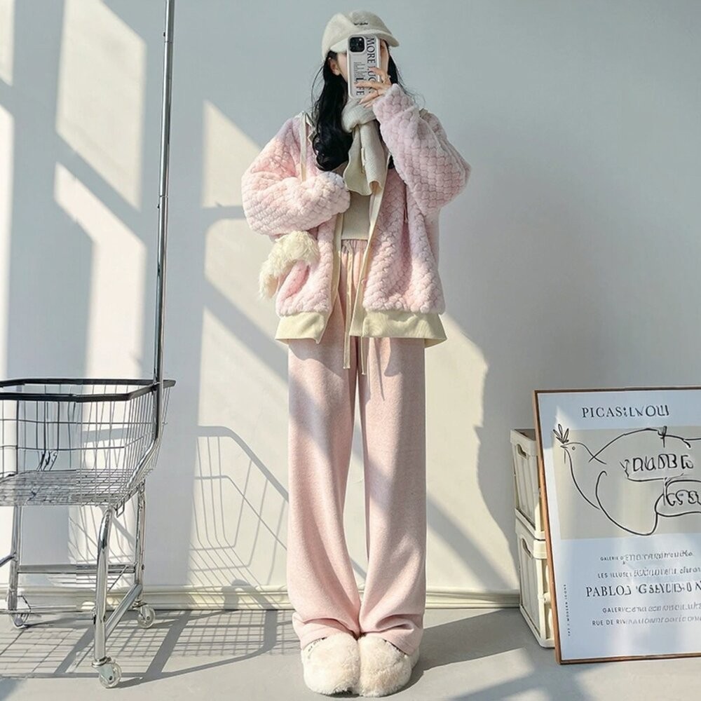 【台灣發貨】韓版加絨加厚高腰垂感糯米褲 寬褲 褲子 女裝【P315】-規格圖8