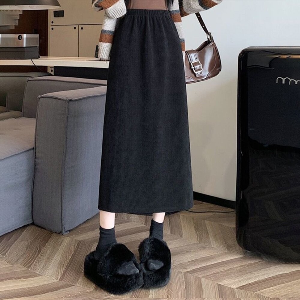 【台灣發貨】韓版加絨加厚開叉高腰半身裙 寬褲 褲子 女裝【P308】-細節圖6