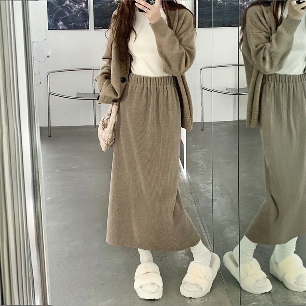 【台灣發貨】韓版加絨加厚開叉高腰半身裙 寬褲 褲子 女裝【P308】-細節圖7