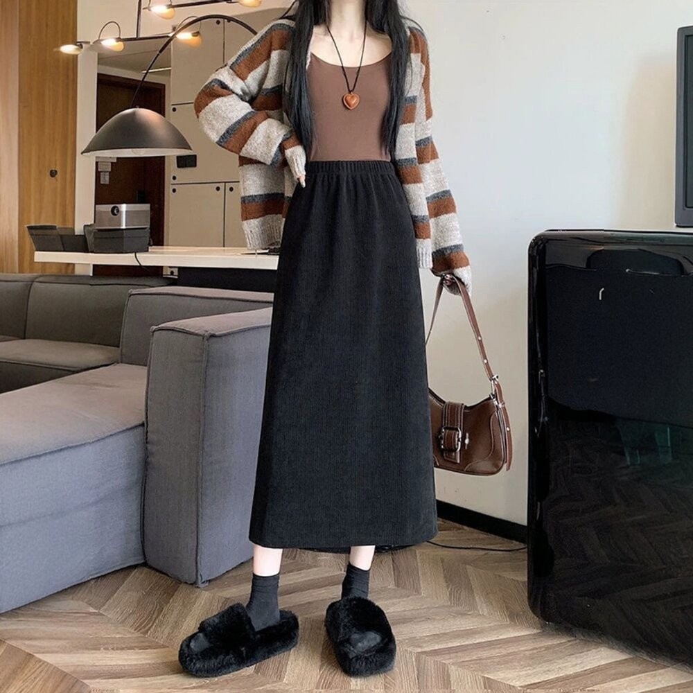 【台灣發貨】韓版加絨加厚開叉高腰半身裙 寬褲 褲子 女裝【P308】-細節圖8