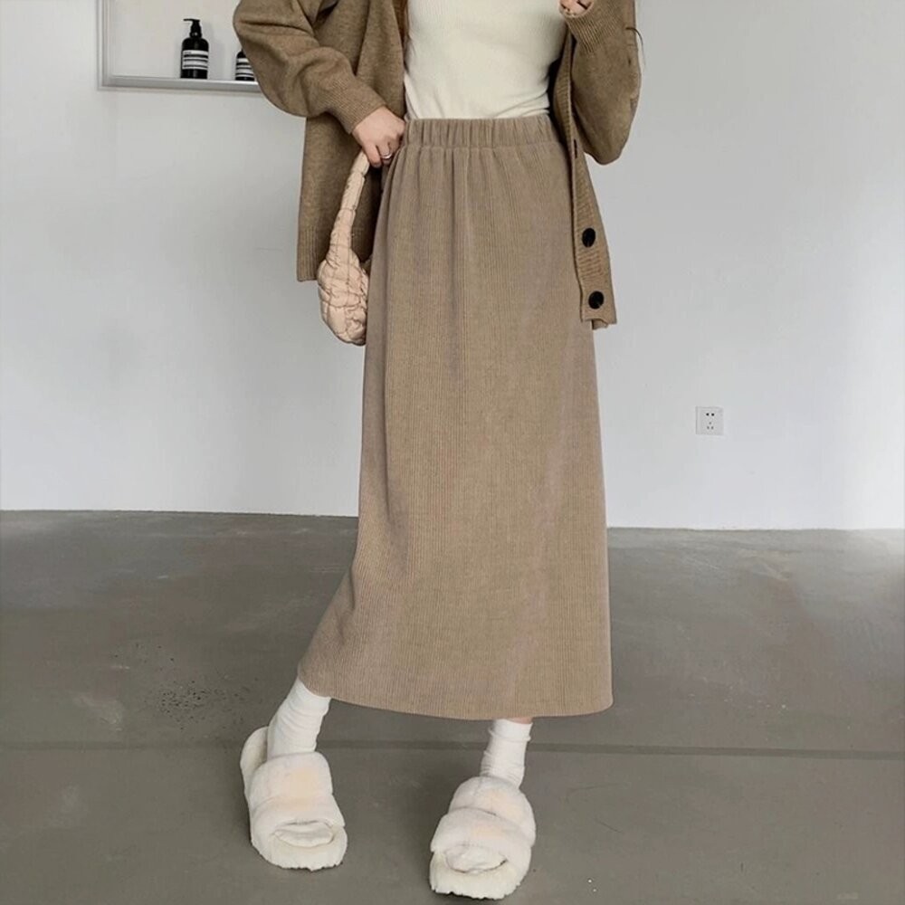 【台灣發貨】韓版加絨加厚開叉高腰半身裙 寬褲 褲子 女裝【P308】-細節圖9