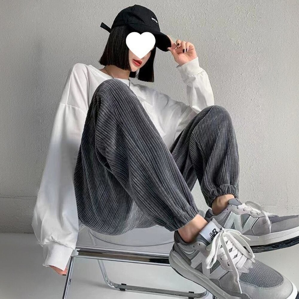 【台灣發貨】韓版加絨加厚高腰束腳寬褲 寬褲 褲子 女裝【P302】-細節圖4