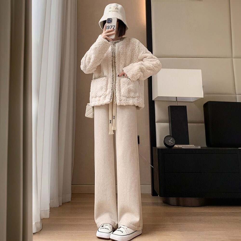 【台灣發貨】韓版高腰軟糯保暖寬褲 寬褲 褲子 女裝【P298】-細節圖8