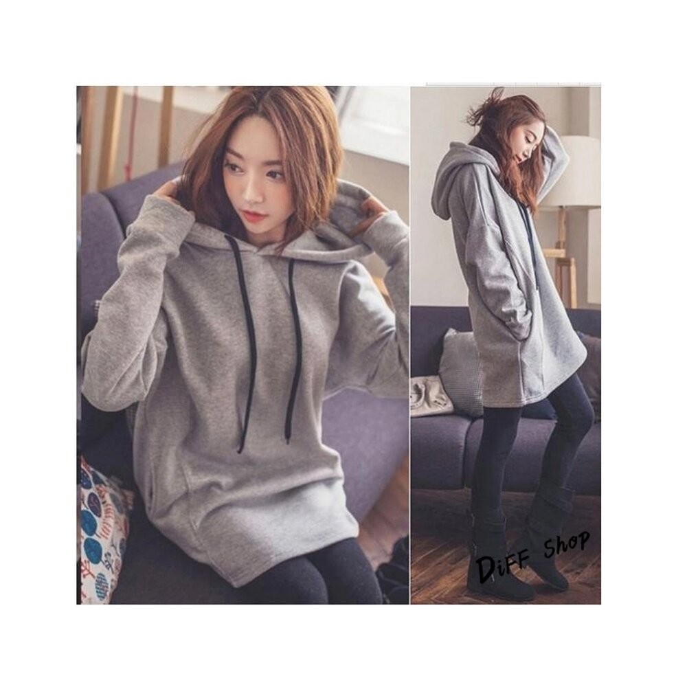 【台灣發貨】韓版素色內刷毛中長款連帽大學T 長袖上衣 長袖t恤 衣服 女裝 上衣【W47】-細節圖2